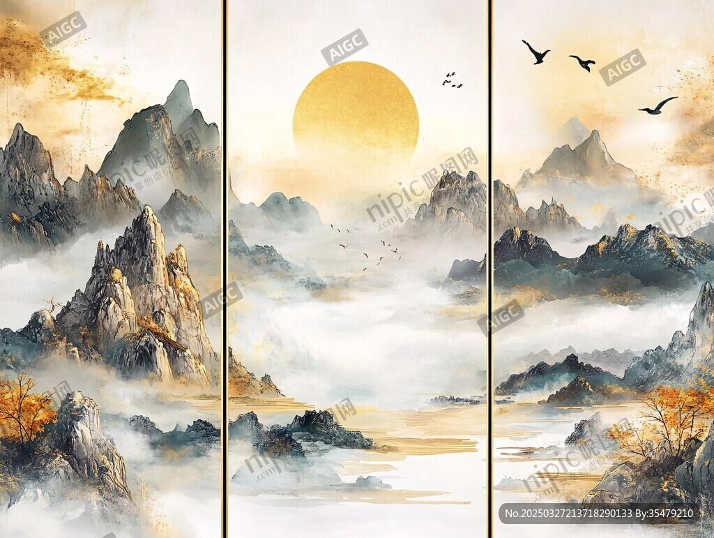 三联水墨山水壮丽日出图