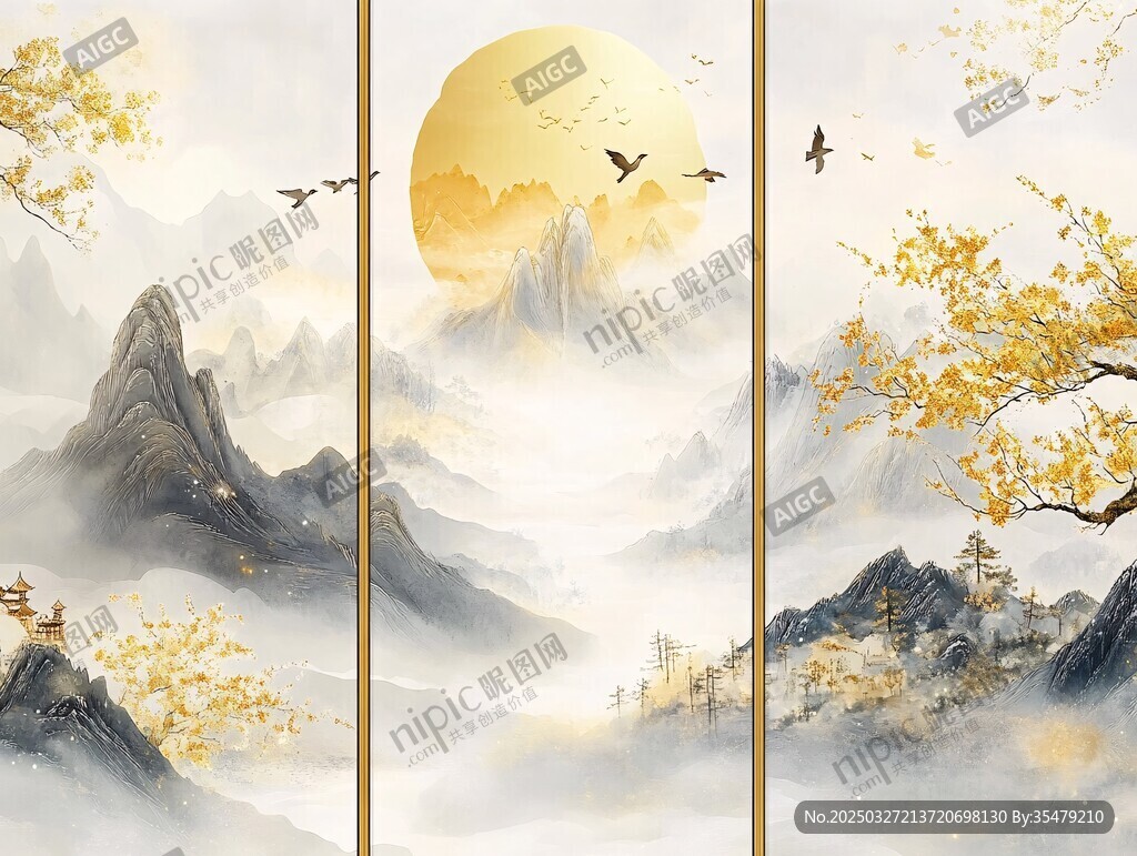 金秋山水飞鸟诗意画卷