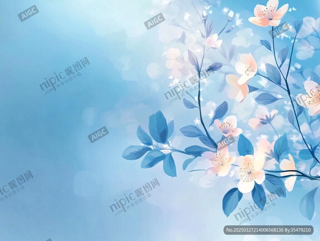 淡蓝背景梦幻花卉插画