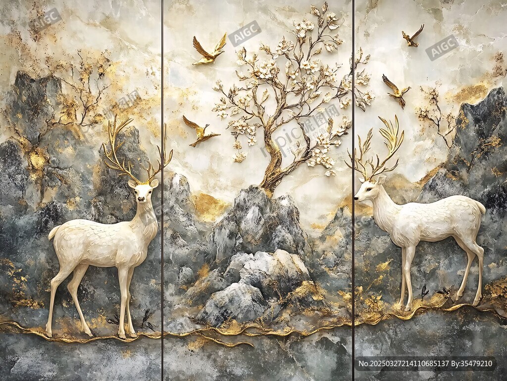 山水间双鹿飞鸟艺术图景