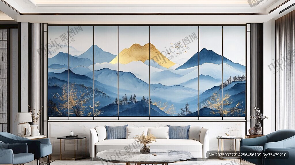 中式客厅山水屏风装饰画