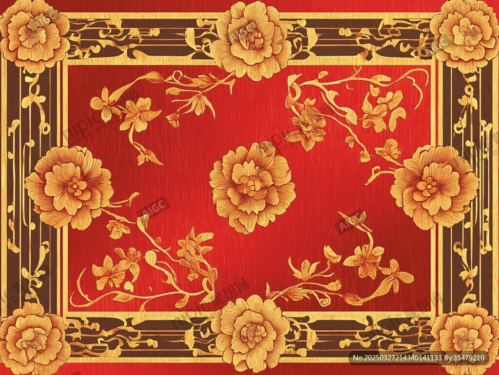 中式红底金色花卉装饰图案