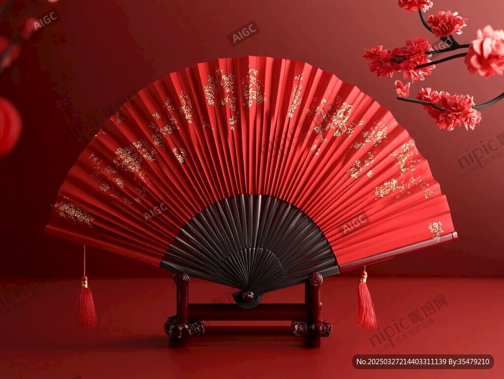 中式红折扇 古典雅致韵味浓