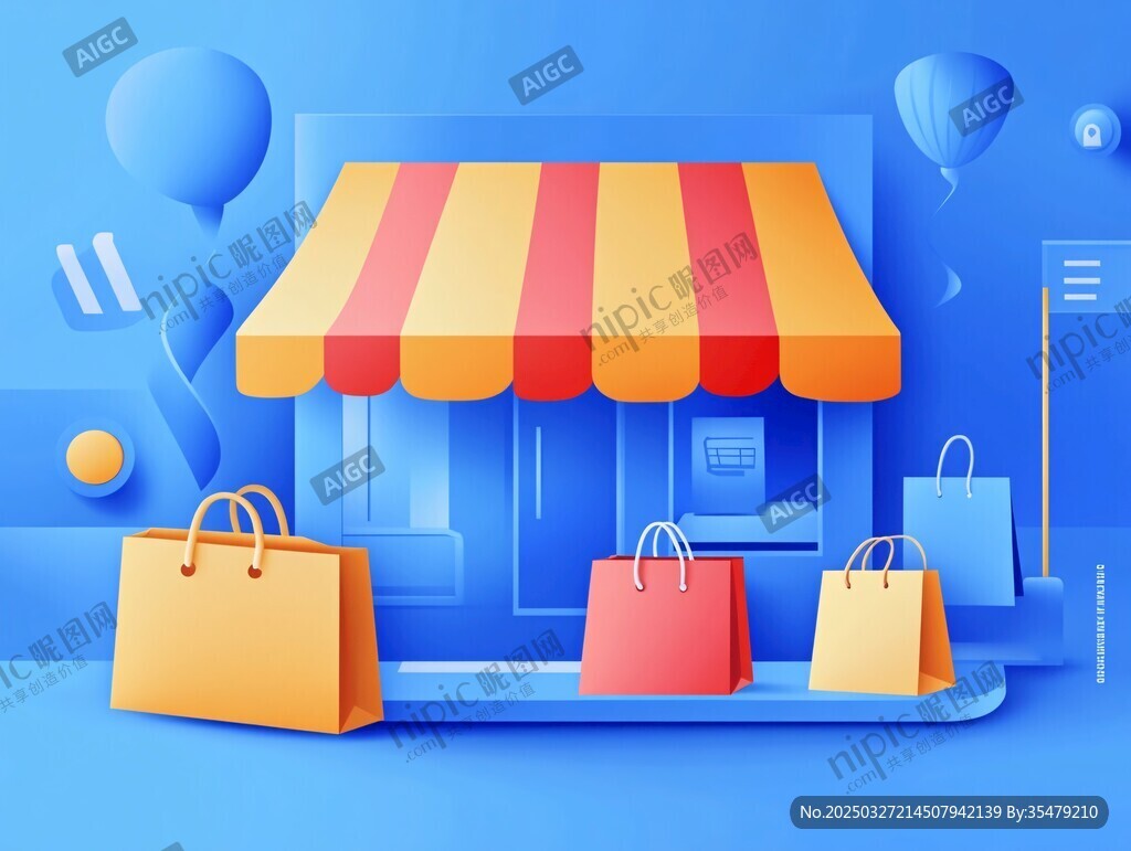 蓝色背景下的线上购物小店