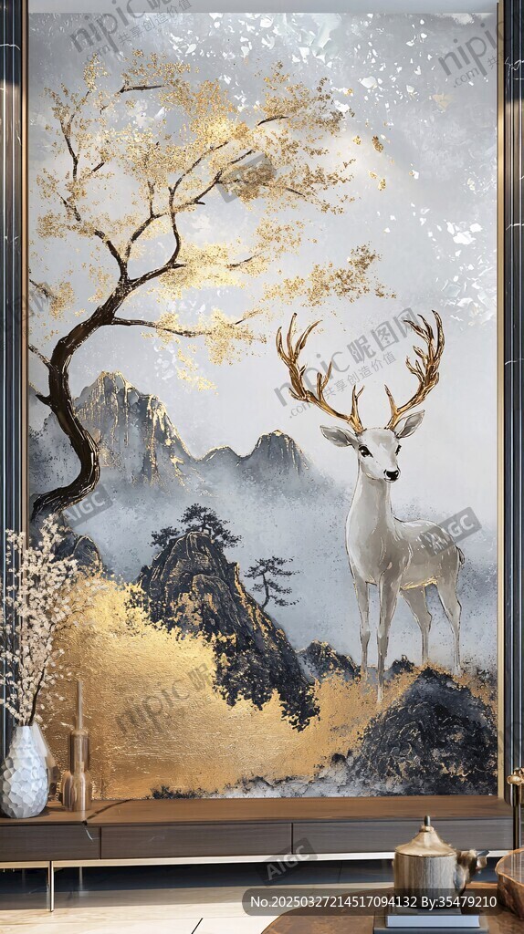 金枝白鹿中式山水壁画