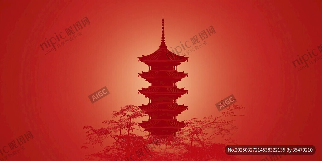 红底古塔剪影意境图