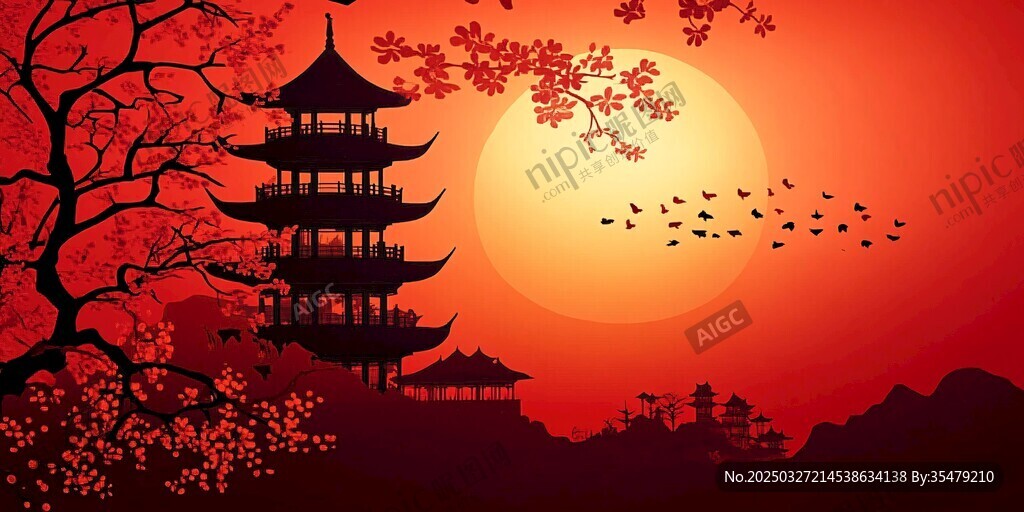 夕阳下的中式楼阁美景