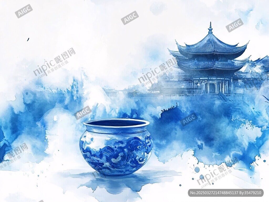 青花瓷韵中的中式古典景致