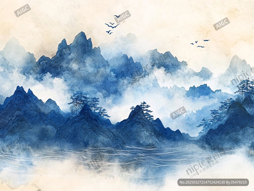 水墨山水间飞鸟伴云雾