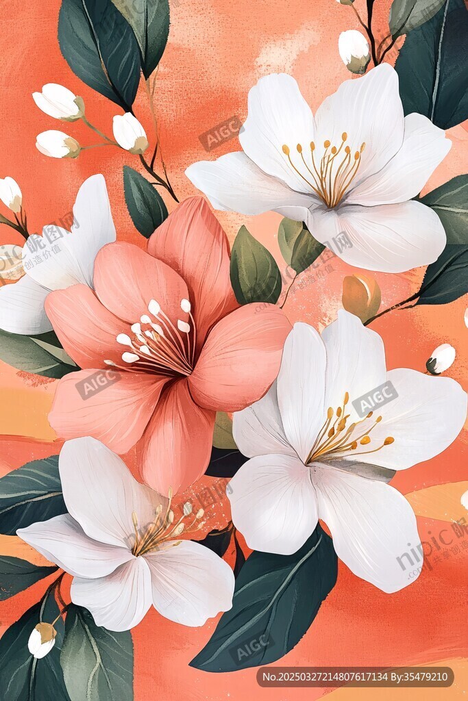 橙底花卉插画