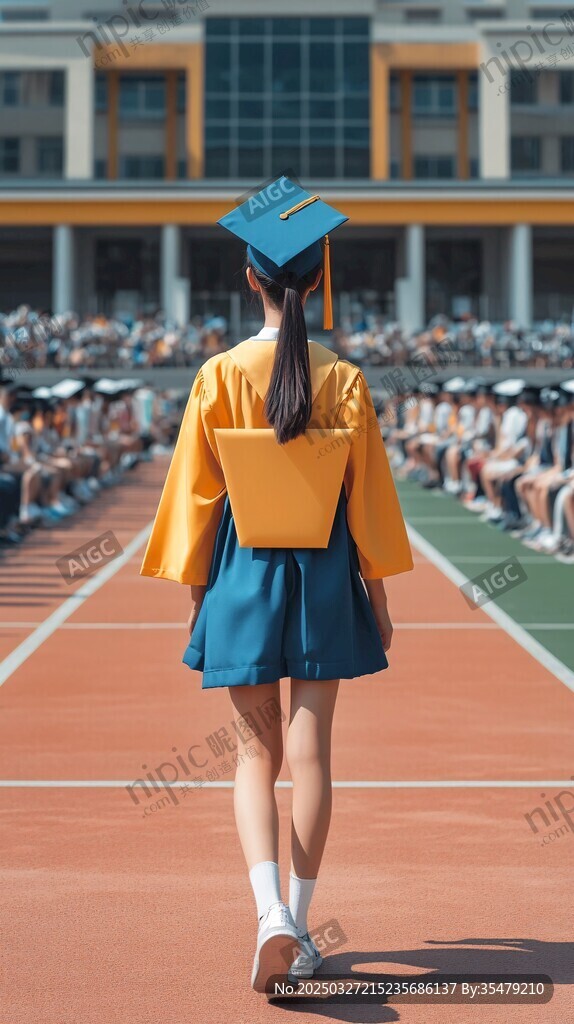 毕业女生漫步校园跑道