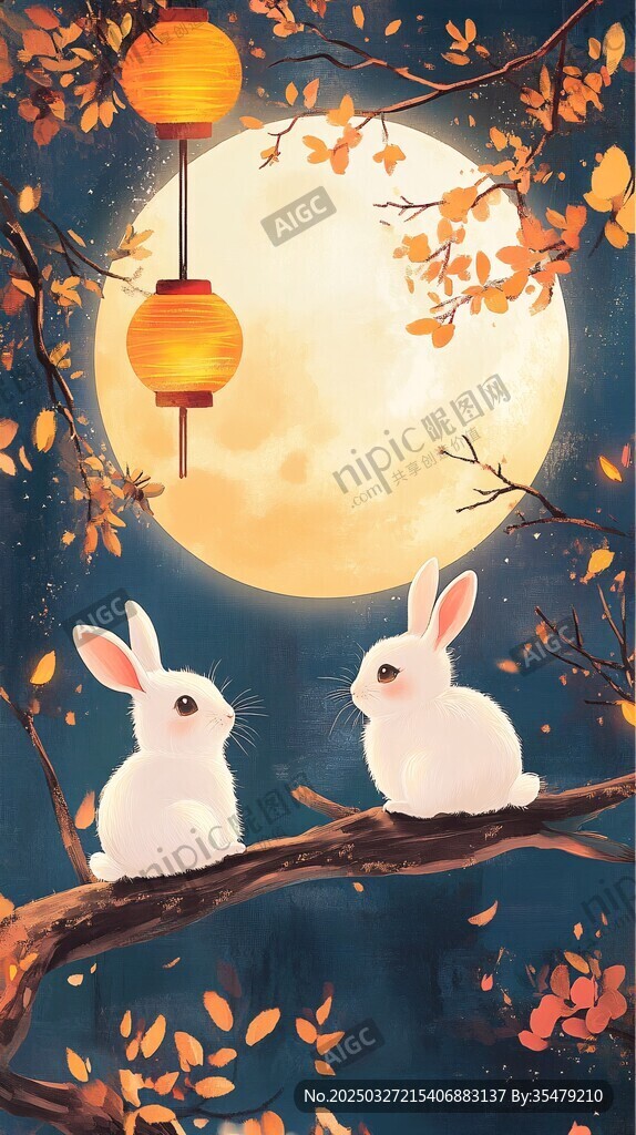 中秋月夜双兔赏景图