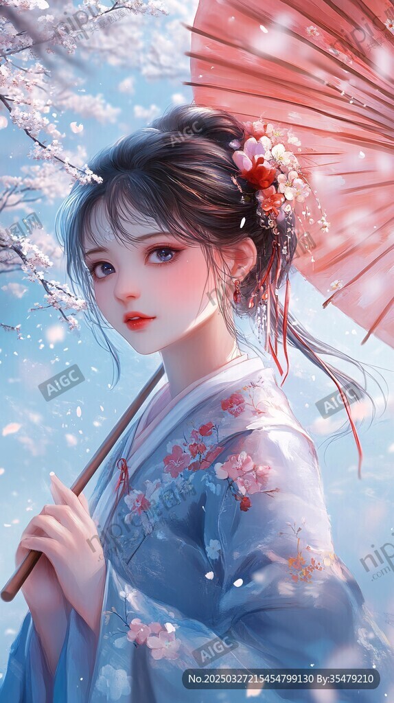 古风少女持伞赏樱图
