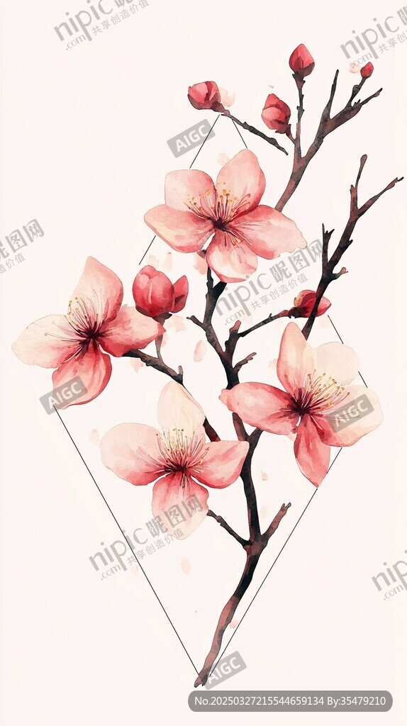 手绘桃花枝 淡雅花卉图