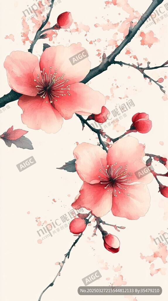 水墨风粉色桃花绽放图