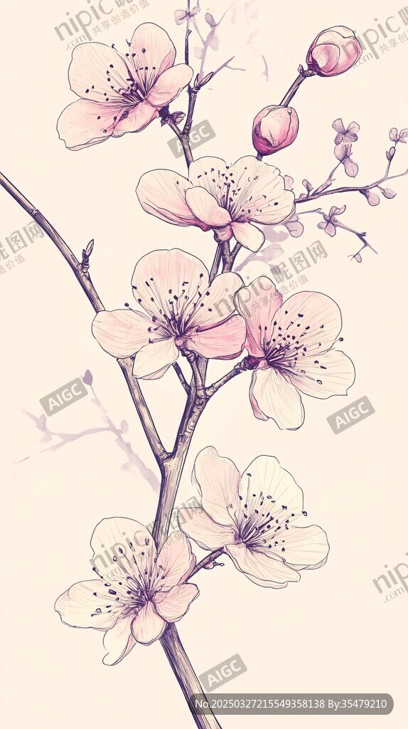 手绘淡雅绽放的粉色花枝