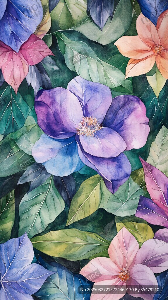 水彩绘梦幻花卉绿叶图案