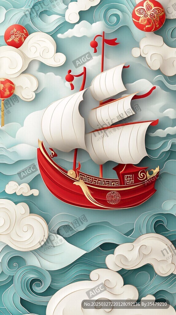 古风帆船遨游云海间