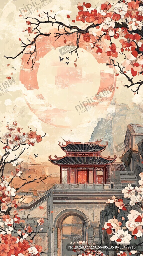 古风楼阁映繁花与圆月