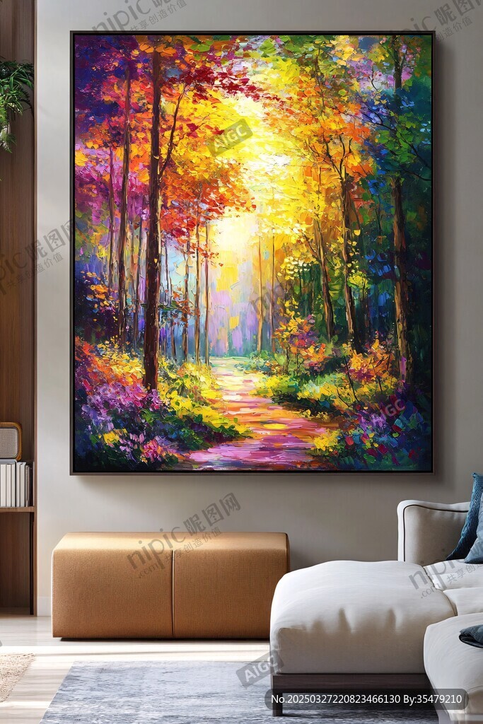 森林油画 阳光洒落梦幻小径