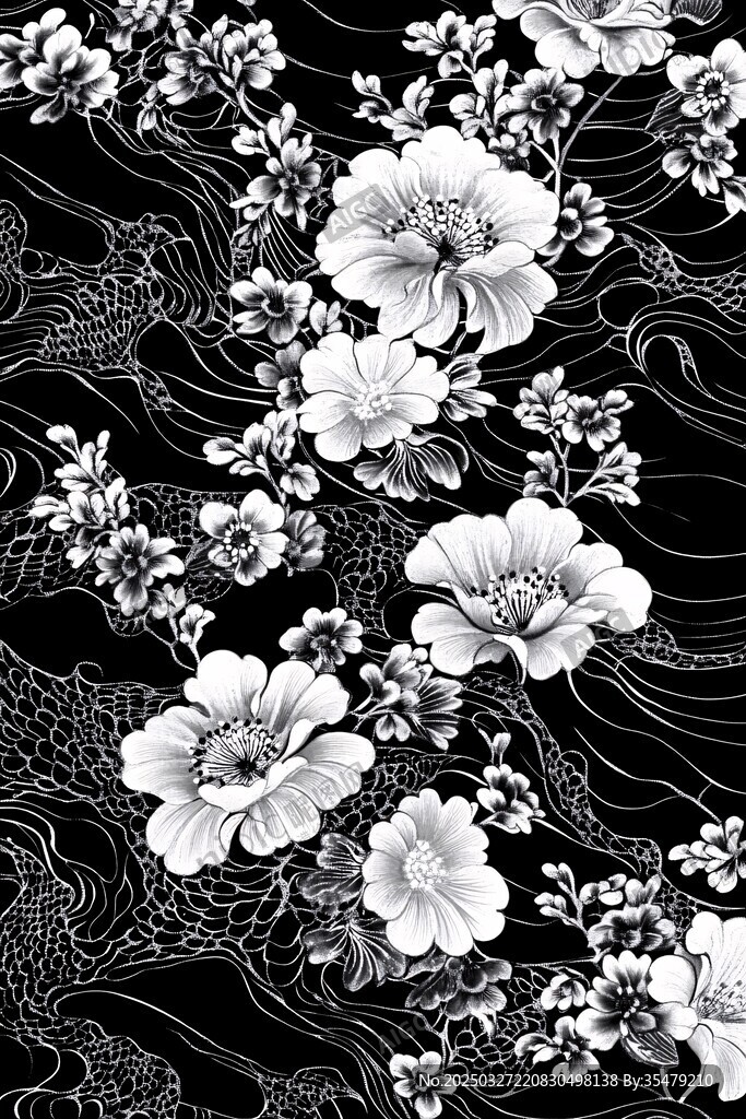 黑白花卉波浪纹图案
