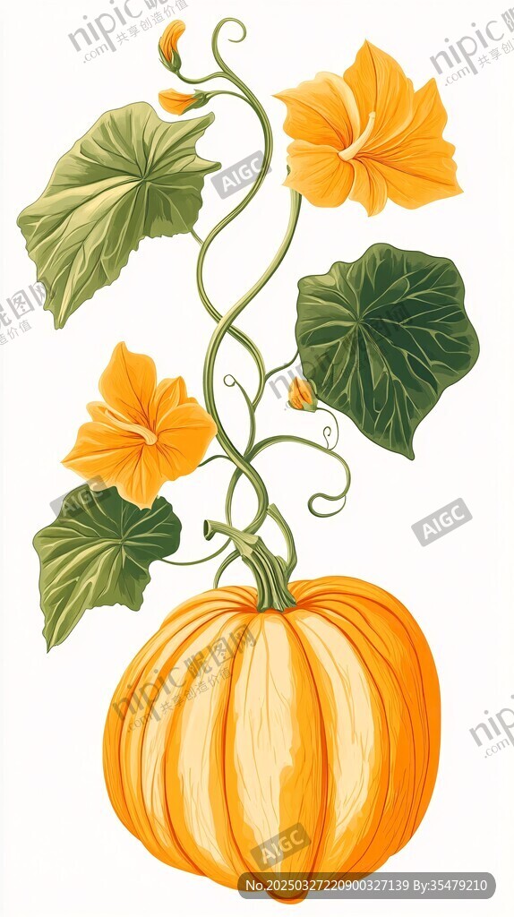 南瓜与蔓藤花卉插画