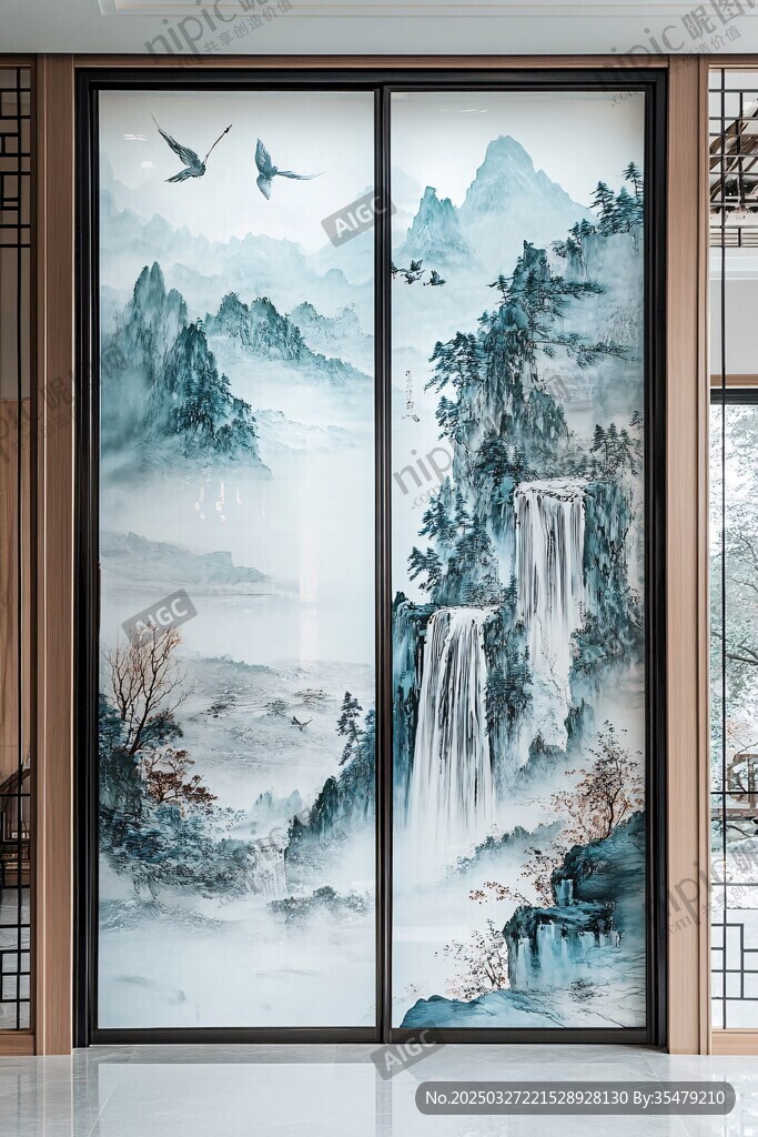 中式山水意境双开门画
