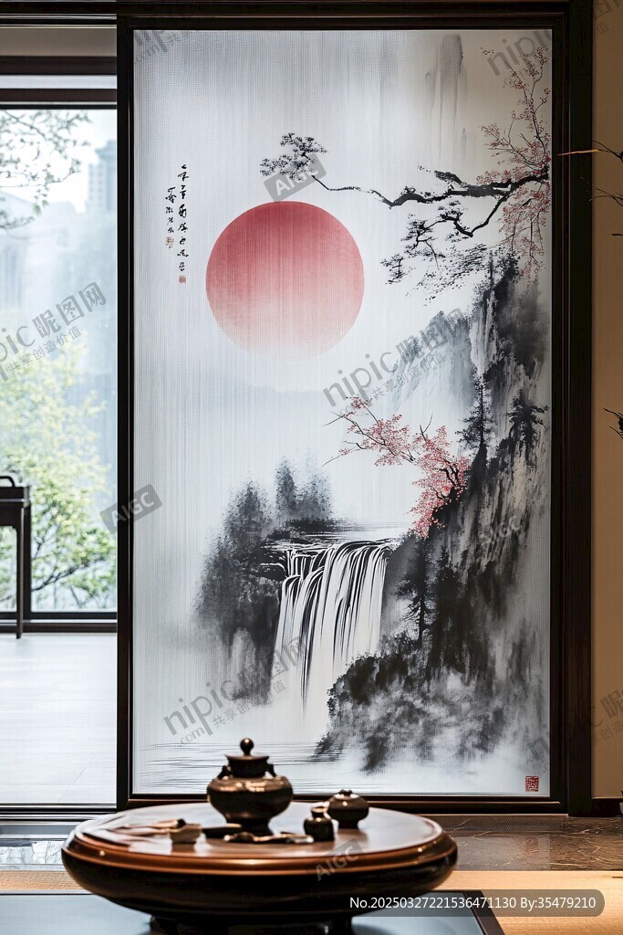 中式山水屏风前的雅致茶境