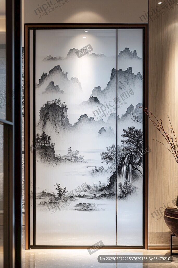 中式山水意境玻璃隔断画