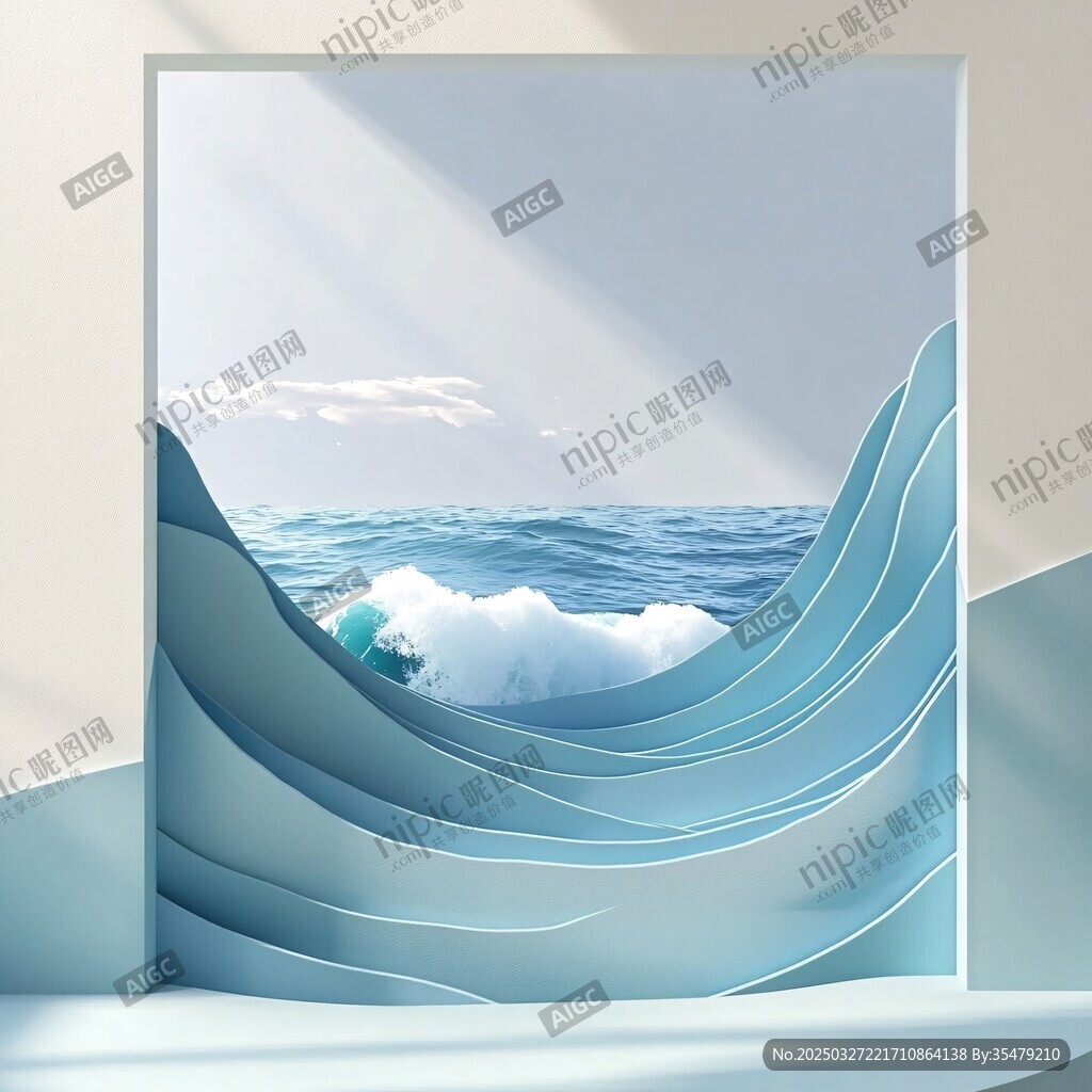 立体纸艺风的海浪风景图