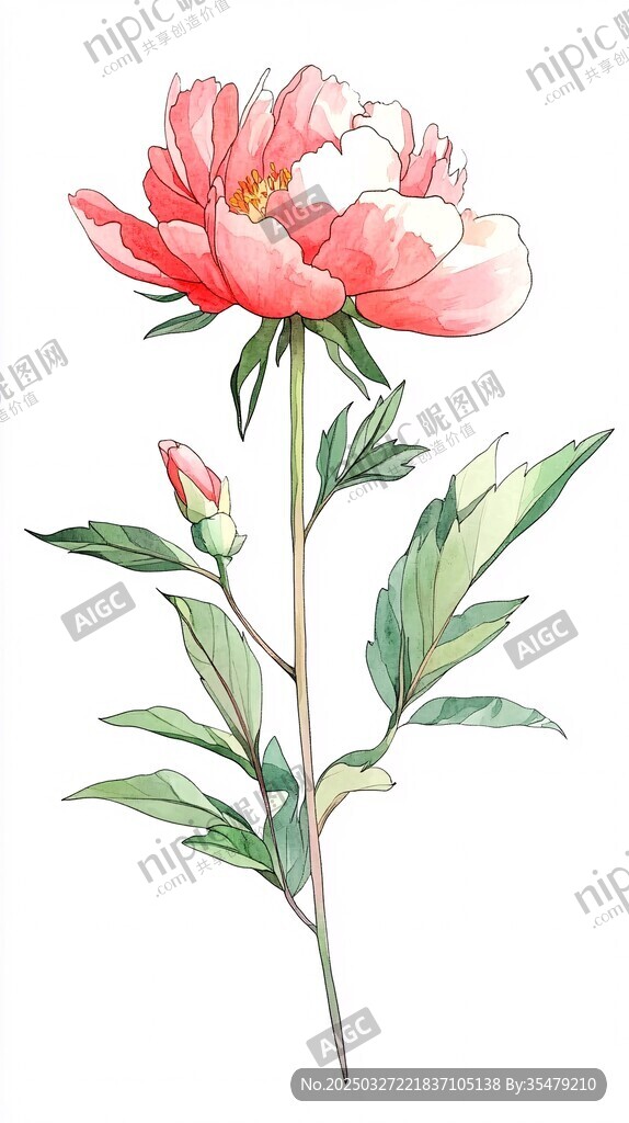 手绘粉色芍药花插画