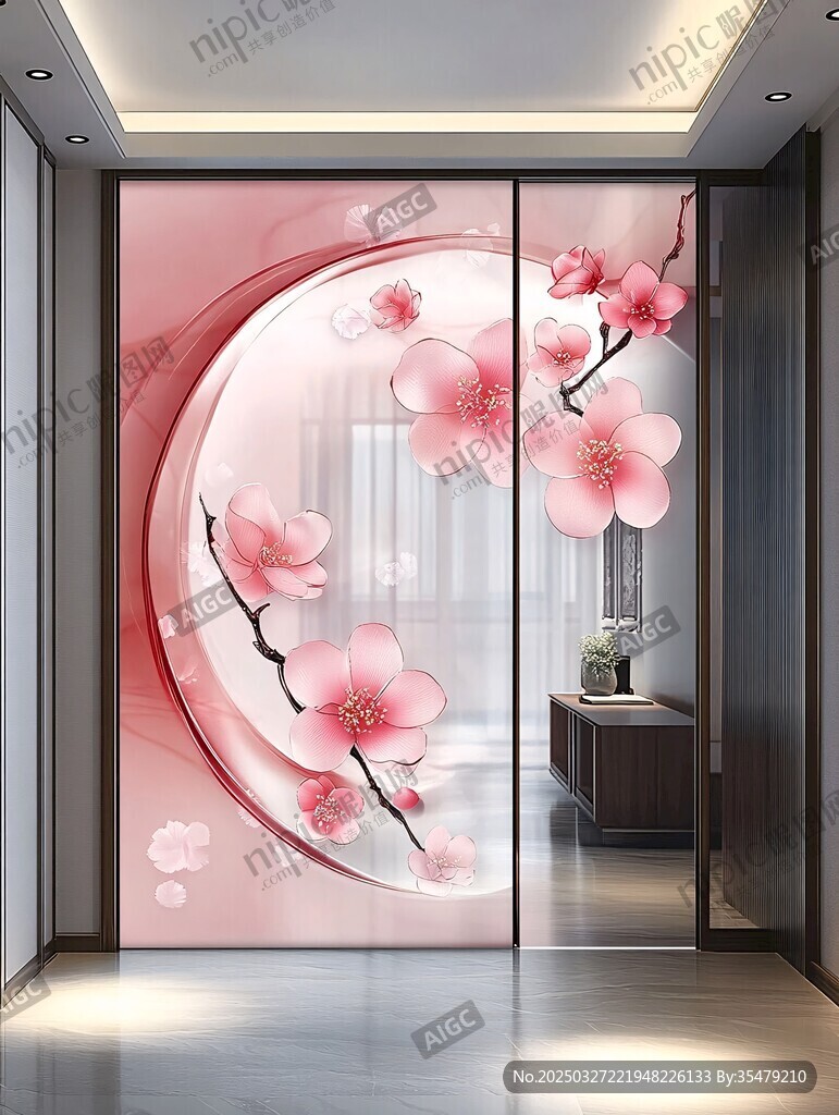 粉色樱花中式入户门装饰画
