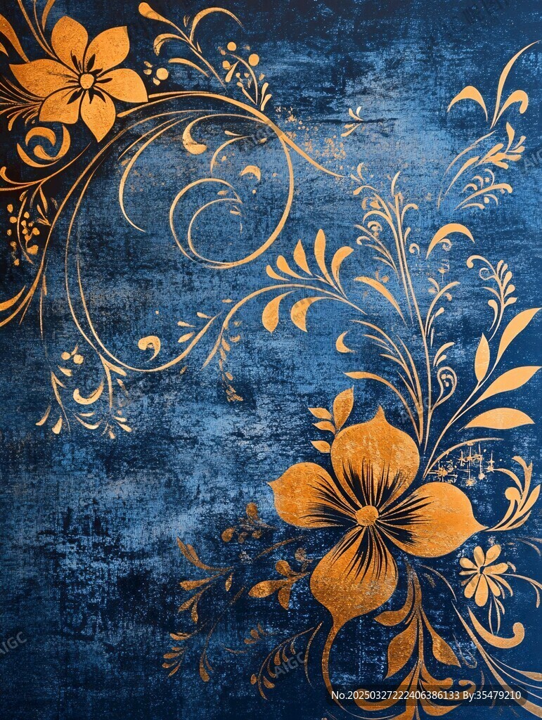蓝底金色花卉复古花纹图案