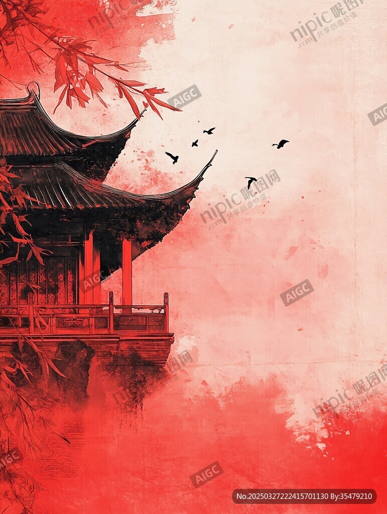 红韵古风亭阁飞鸟景致