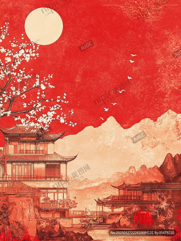 中式古风月夜山水楼阁图