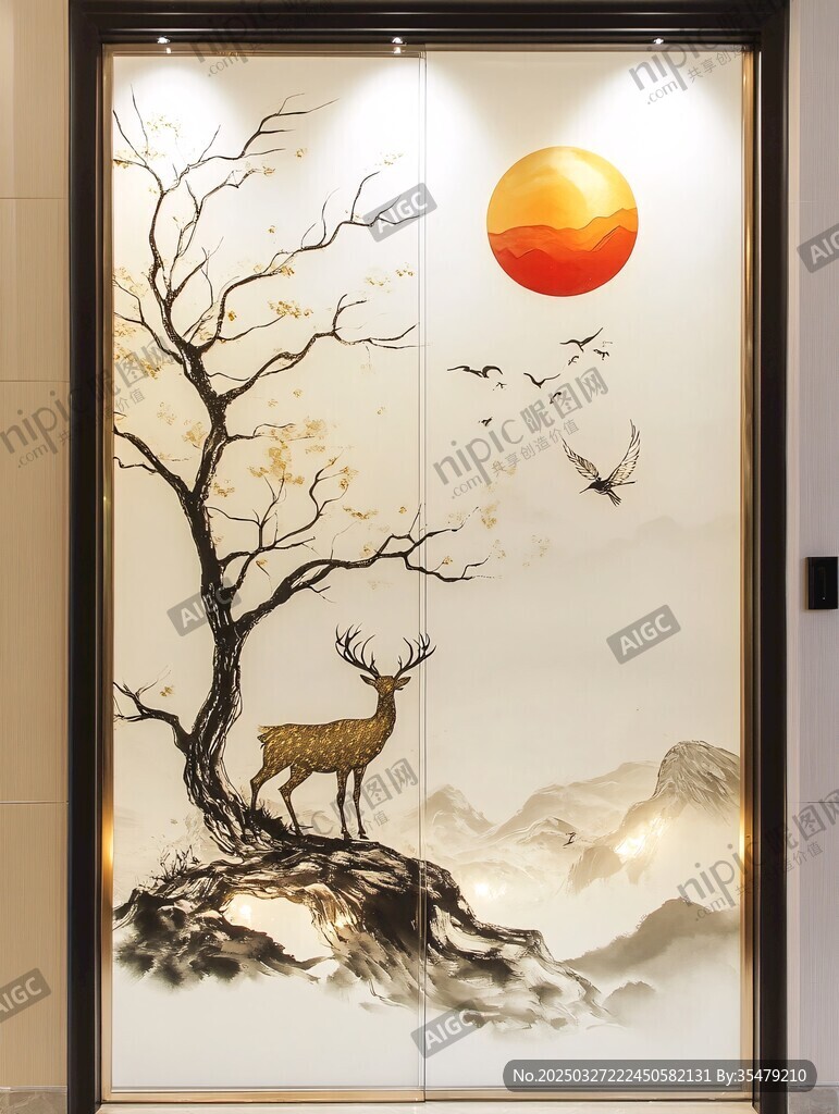 中式山水鹿景玻璃装饰画