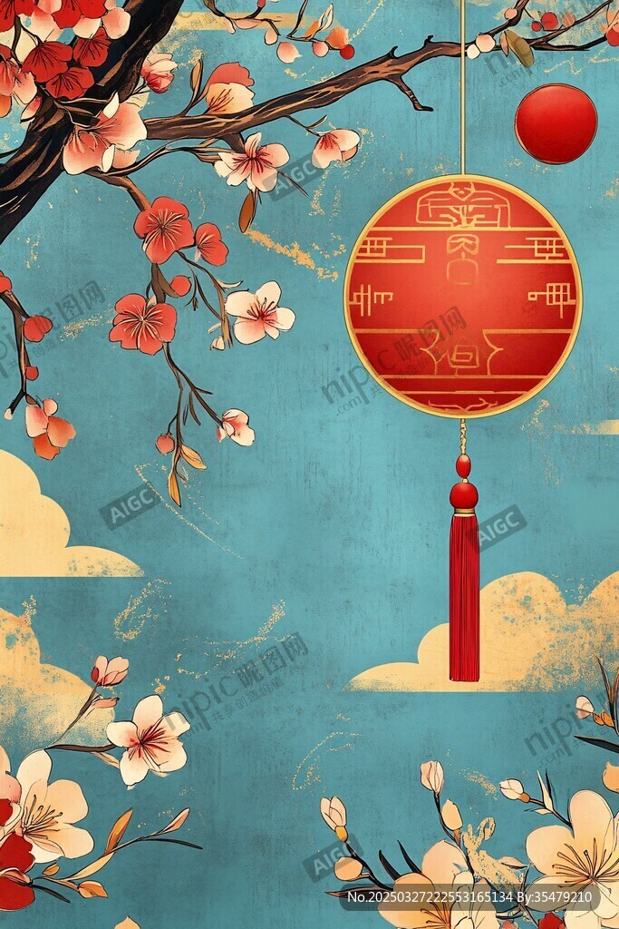中式新春花卉灯笼插画