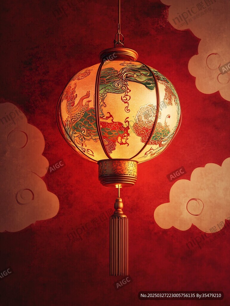 中式灯笼挂于红云背景下
