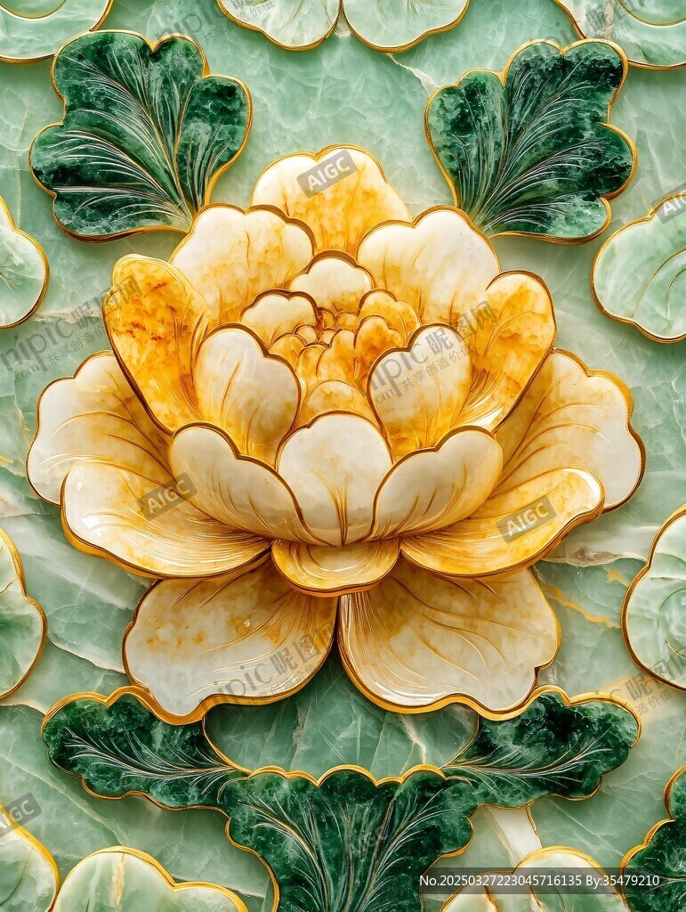 精美玉雕牡丹花卉图案