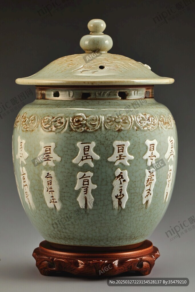 青釉刻字瓷罐