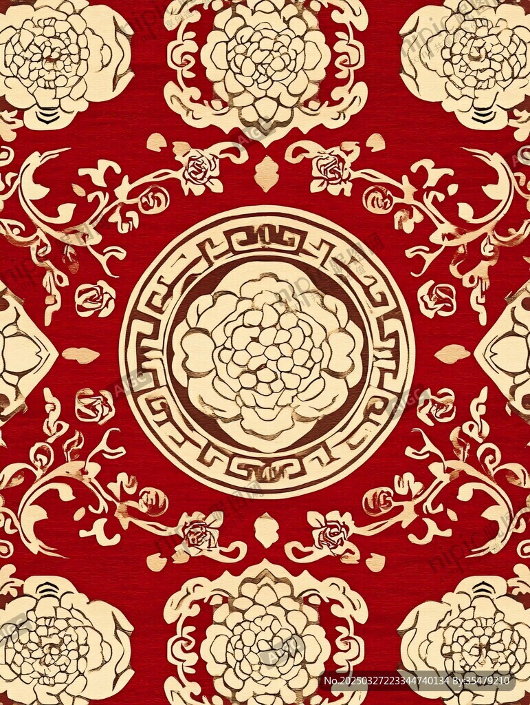 中式古典红底花卉纹饰图案