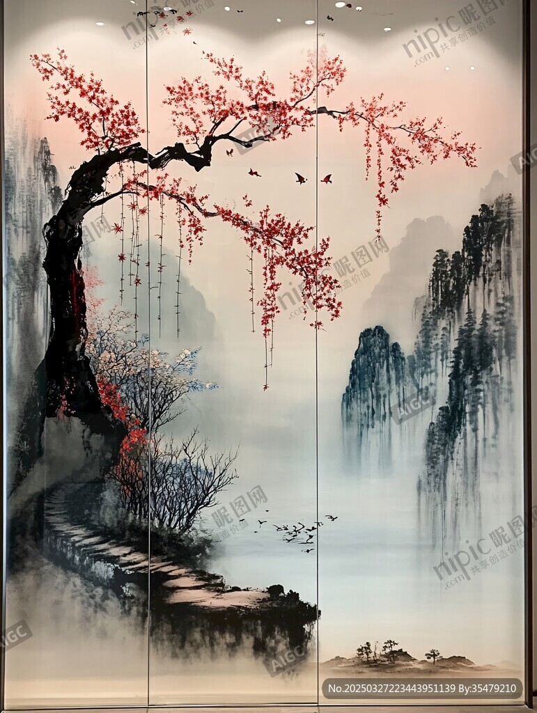 水墨山水红梅图