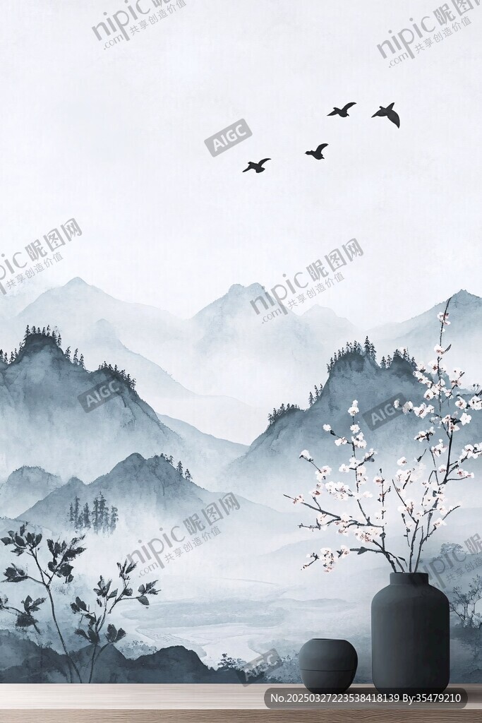 水墨山水景 花瓶添雅致