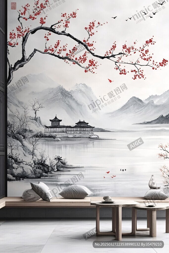 中式水墨风客厅山水壁画