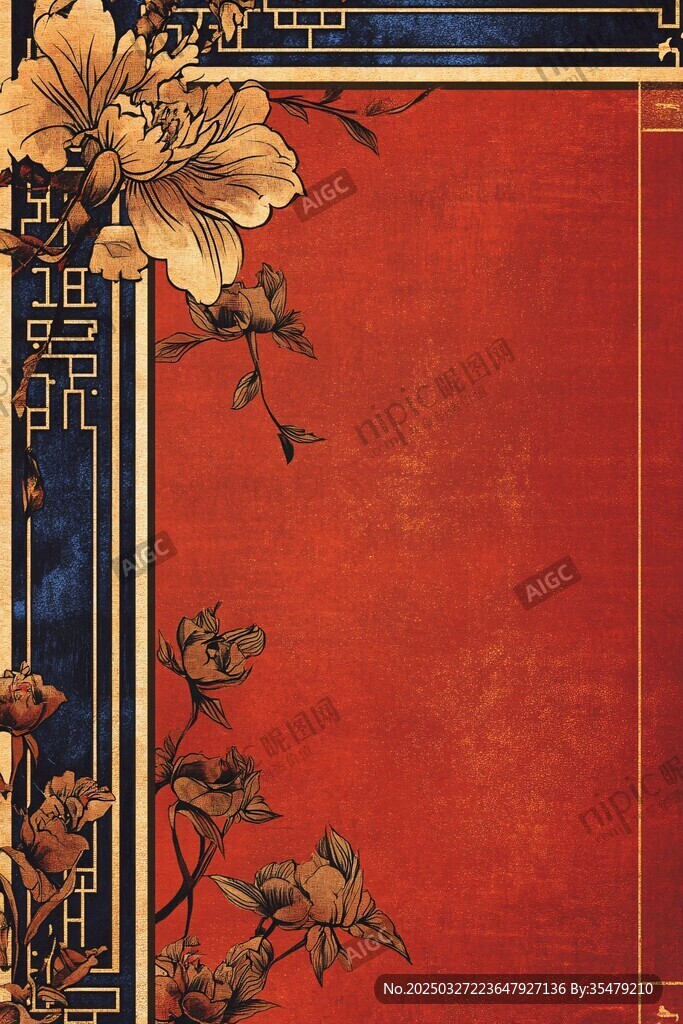 中式花卉红底边框背景图