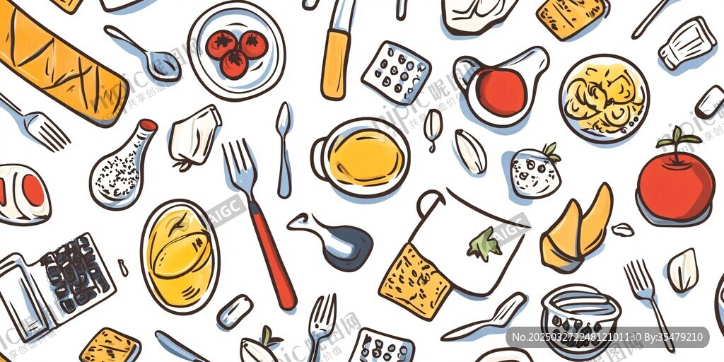 手绘多彩厨房餐具食材集合