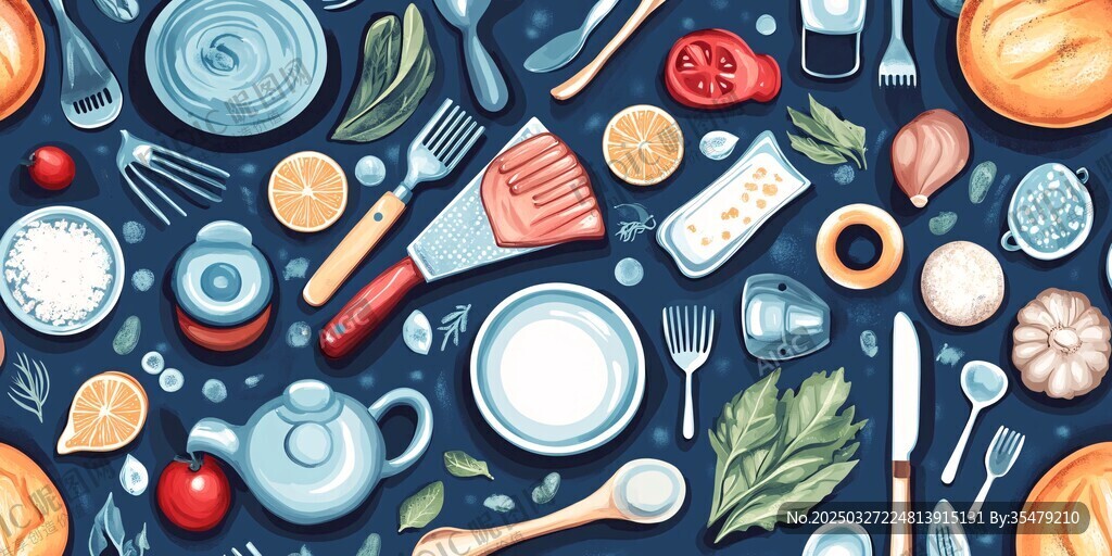 多彩厨房用具食材插画图