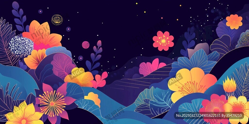 梦幻花卉夜景插画