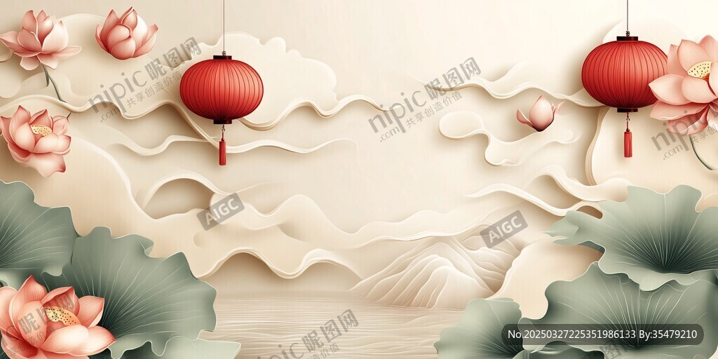 中式荷韵与红灯笼装饰图