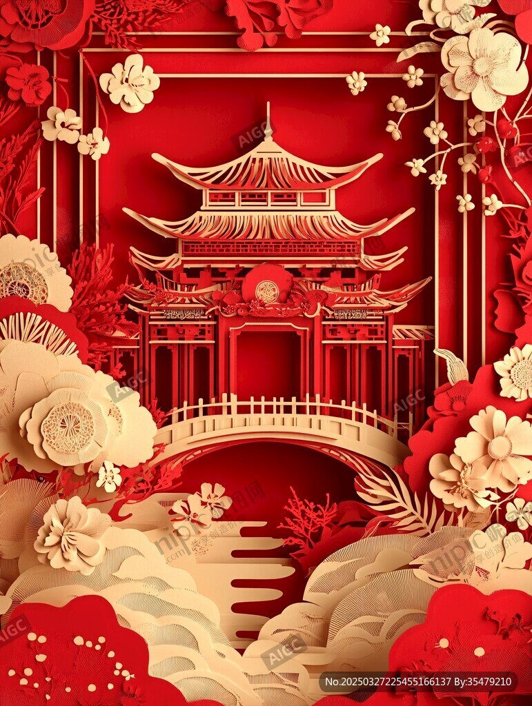 中式纸雕古风建筑美景图